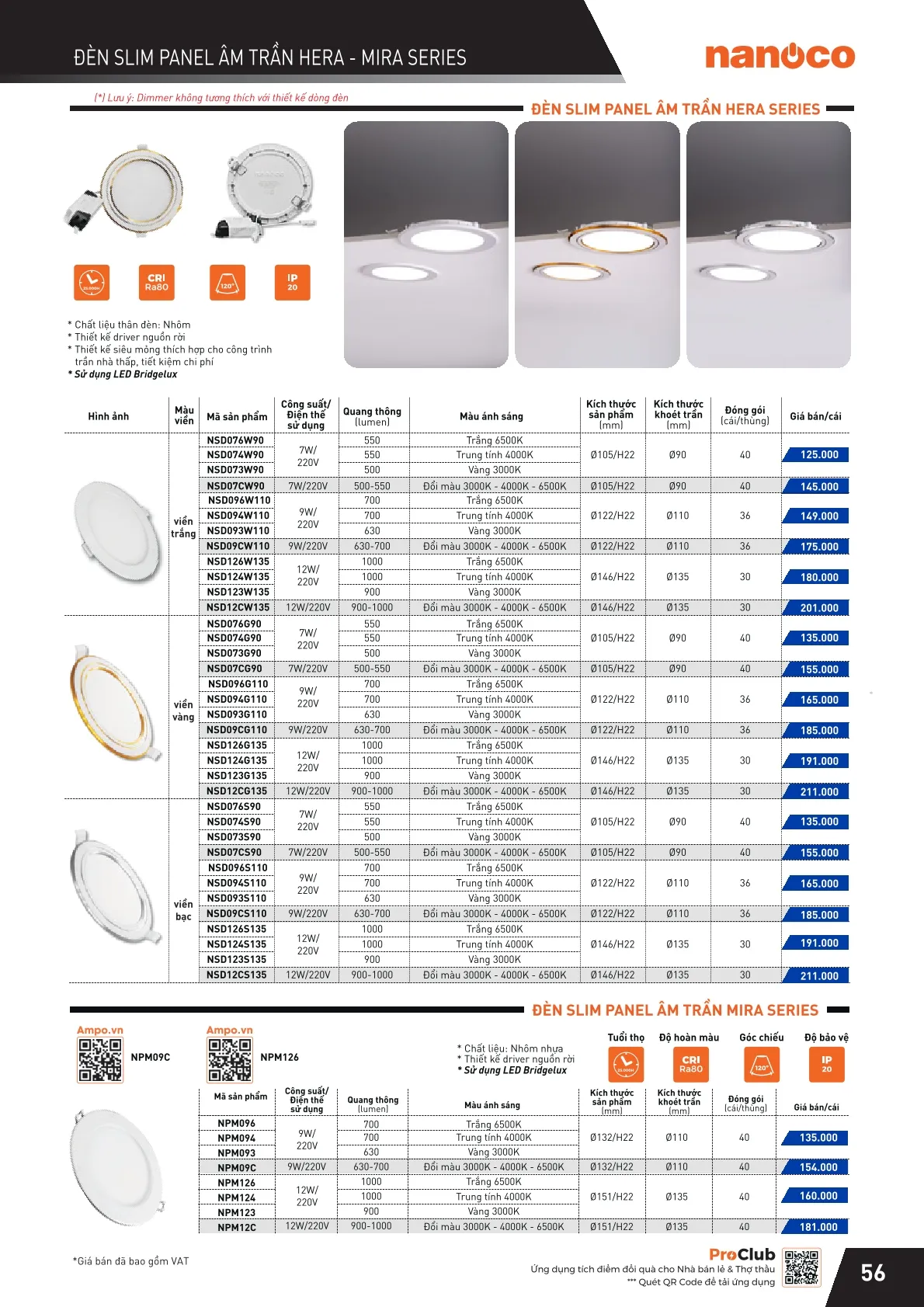 Đèn LED, đèn slim panel âm trần Hera - Mira Panasonic / Nanoco NSD, NPM 7W, 9W, 12W